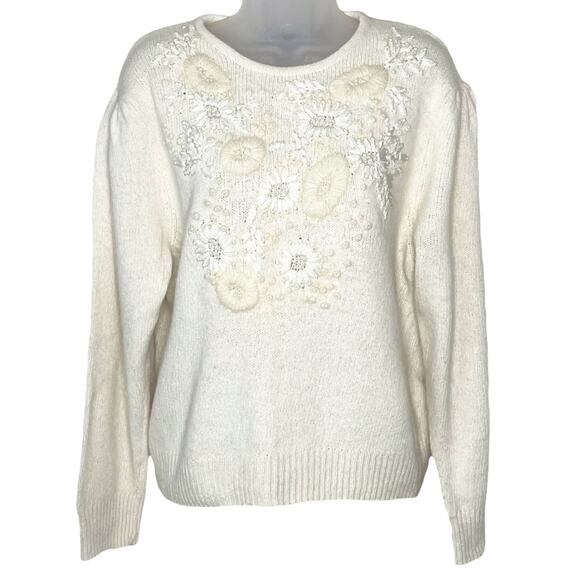 VINTAGE cream embellished & embroidered silk angora wool grandma sweater large - Picture 2 of 6